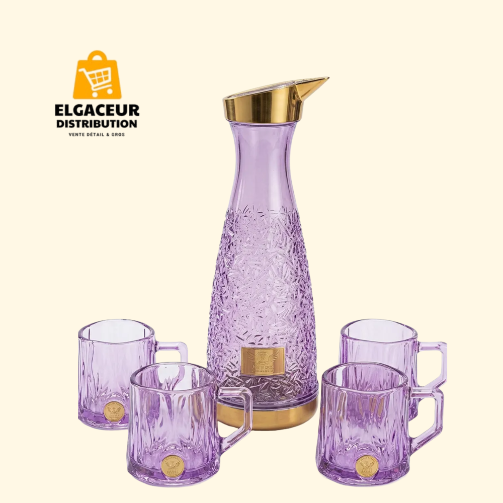 Service à Eau en Verre Violet – Carafe + 4 Tasses