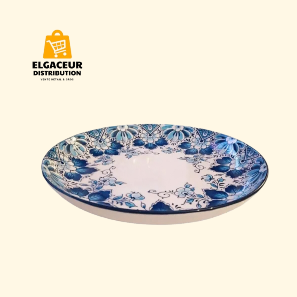 Plat de présentation en céramique motif floral bleu et blanc