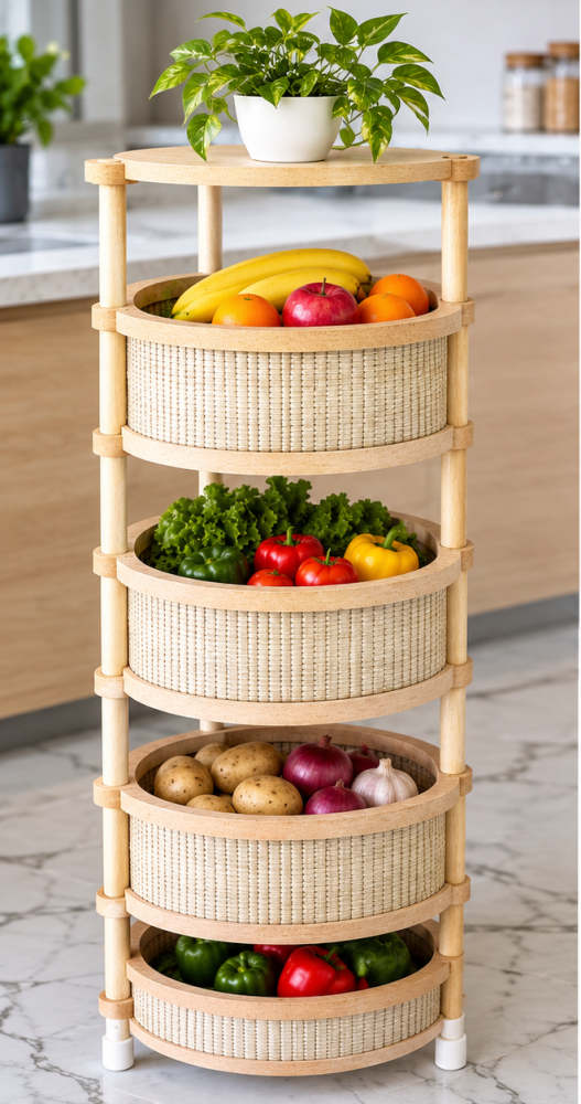Meuble à fruits et légumes rond à niveaux en bois