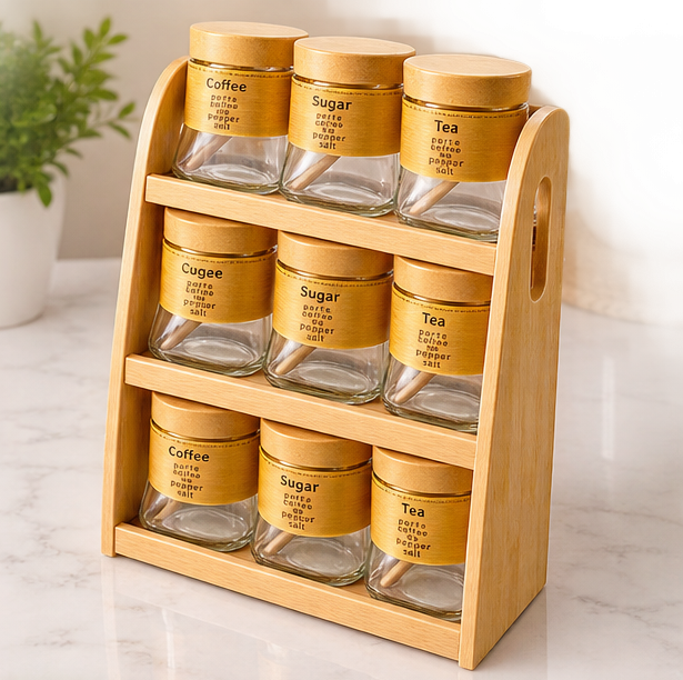 Support à Épices 3 Niveaux en Bambou avec 9 Pots