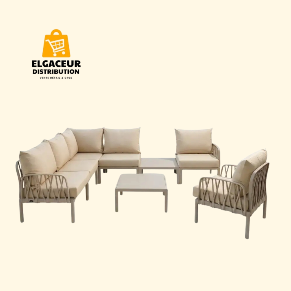 Salon de jardin modulable de luxe avec coussins et table basse