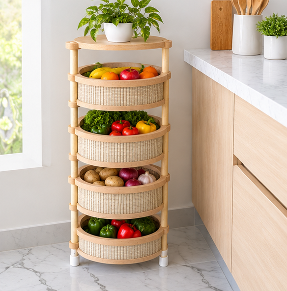 Meuble à fruits et légumes rond à niveaux en bois