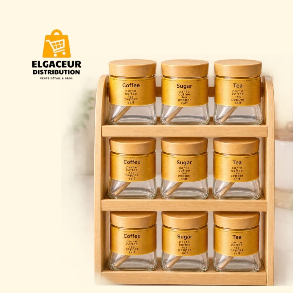Support à Épices 3 Niveaux en Bambou avec 9 Pots