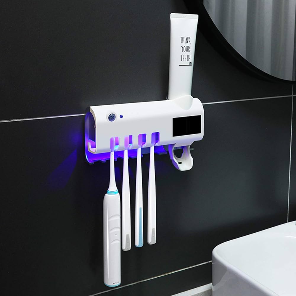 Support brosses à dents mural avec distributeur automatique de dentifrice et gobelets