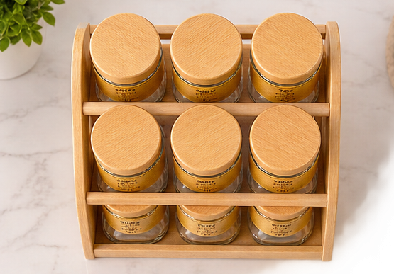 Support à Épices 3 Niveaux en Bambou avec 9 Pots