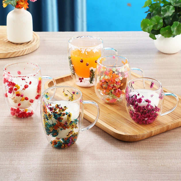 Tasse Mug en Verre Double Paroi avec Fleurs Séchées