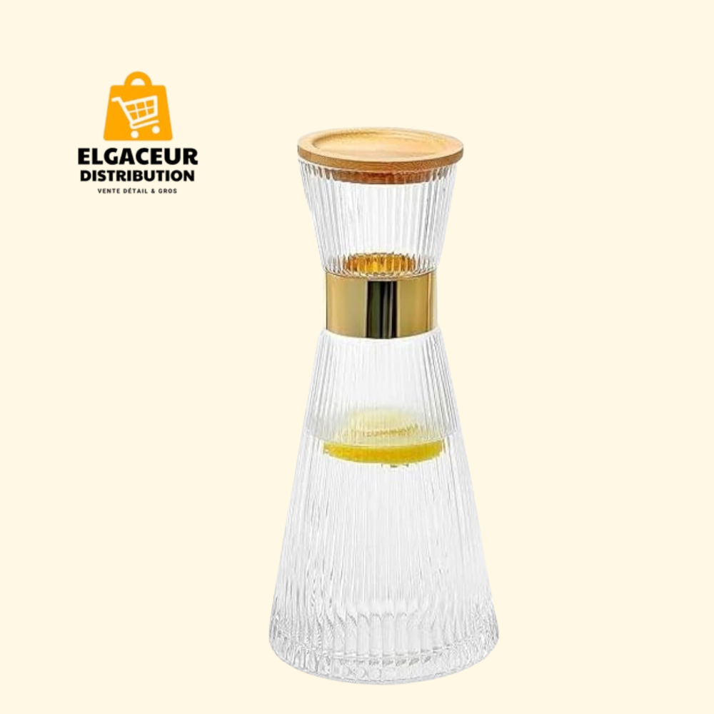 Carafe en Verre Rainuré avec Couvercle en Bois