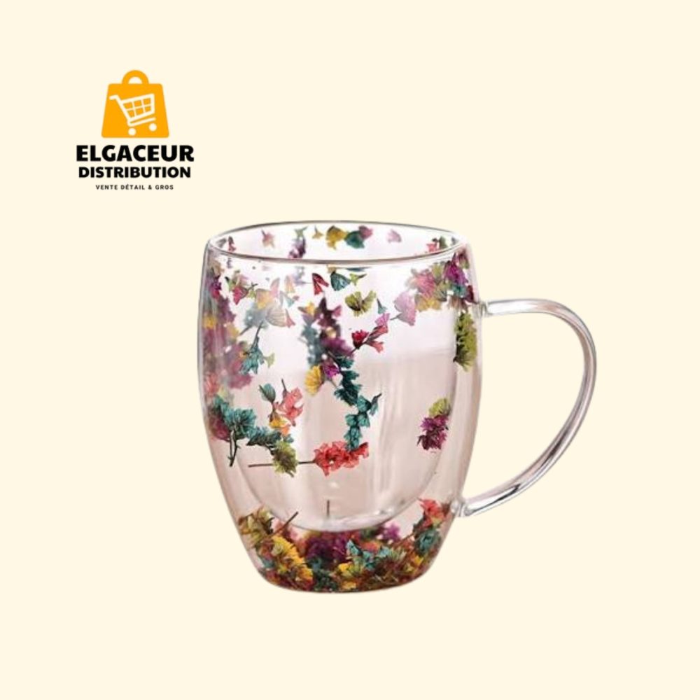 Tasse Mug en Verre Double Paroi avec Fleurs Séchées