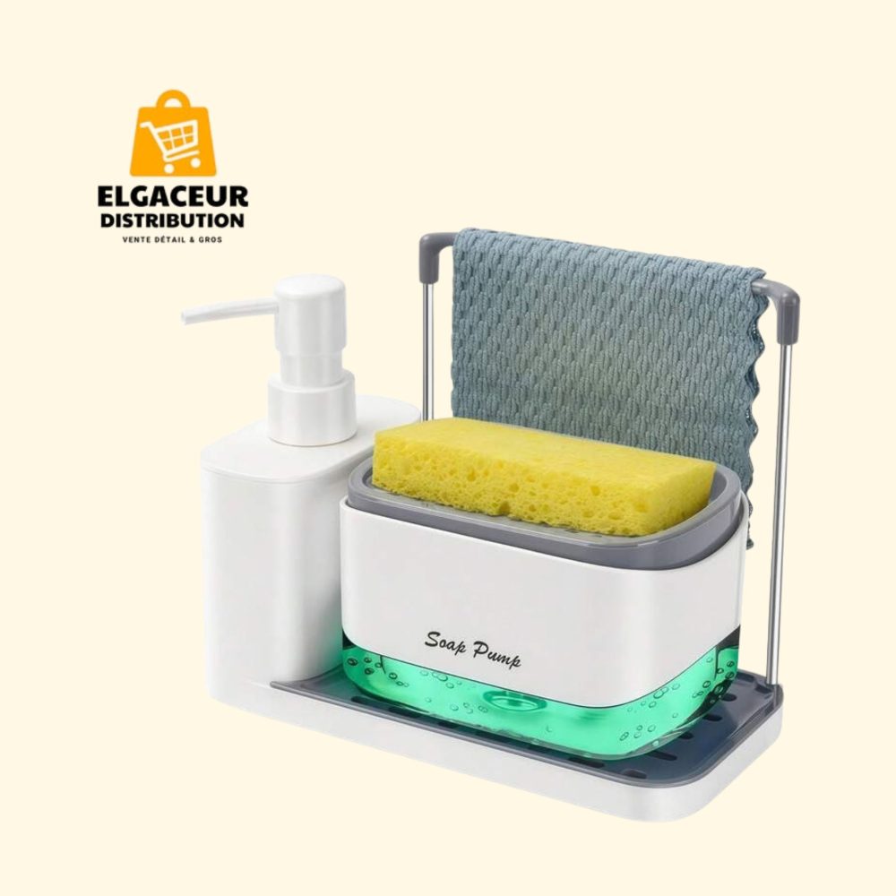 Distributeur de savon liquide 3-en-1 avec porte-éponge et barre porte-chiffon