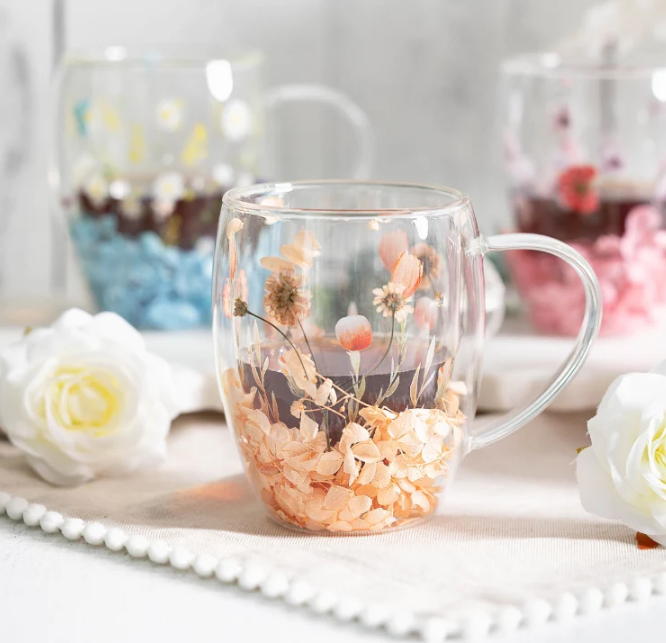 Tasse Mug en Verre Double Paroi avec Fleurs Séchées